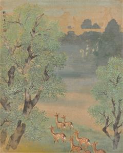 林玉山〈鹿苑〉1958，膠彩，68.5x55.5cm，高雄市立美術館典藏