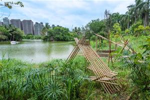《泛．南．島藝術祭》展覽場域擴延至戶外園區，透過重新規劃的文化植栽與竹編作品呈現自然生態的有機地景。